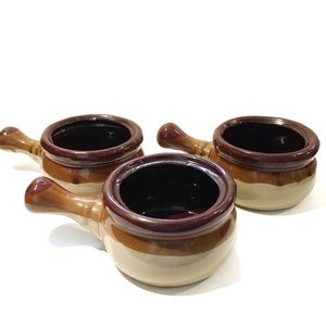 Vintage Ceramic French Onion Soup Bowls Set of 3 Stoneware Brown Beige 1980s Cup
